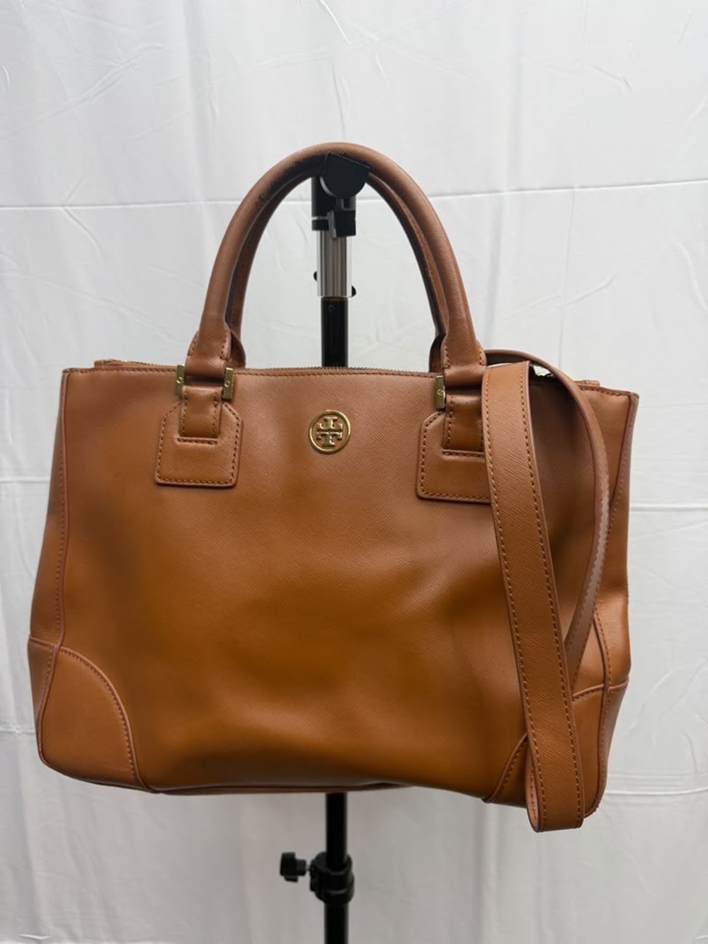 Tory Burch Cognac Leather Satchel with Shoulder Strap